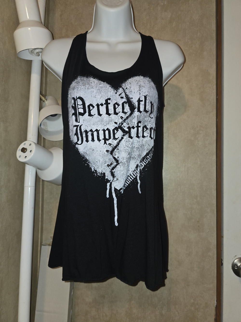 Black Graphic Racerback Tank Top with Distressed Heart Print